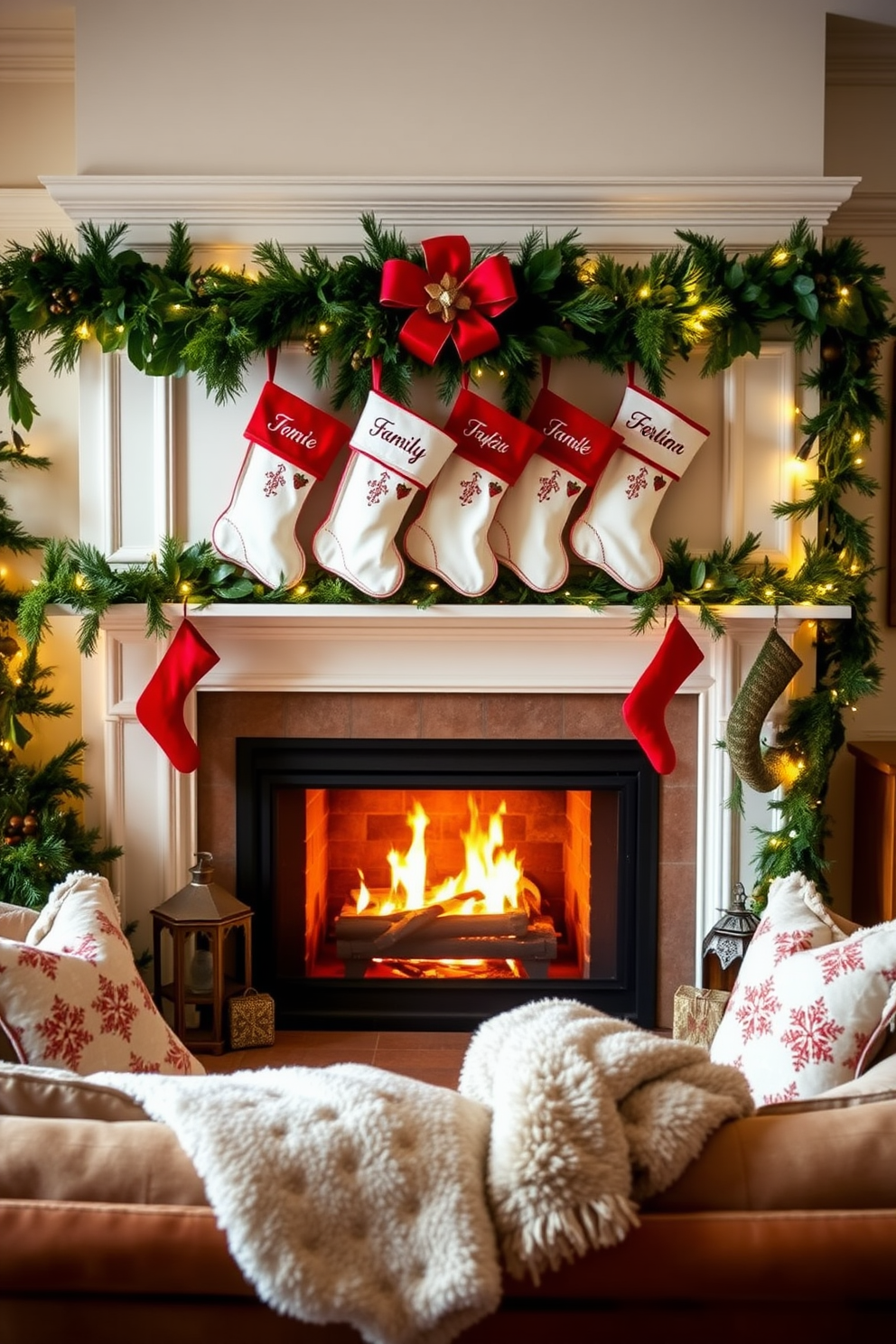 A cozy living room adorned for the holidays features a traditional fireplace with a warm glow. Above the mantel, personalized stockings embroidered with family names hang in a festive display, adding a touch of warmth and personalization to the space. The room is decorated with lush greenery and twinkling lights, creating a cheerful atmosphere. Plush blankets and festive pillows on the sofa invite family gatherings and cozy moments by the fire.