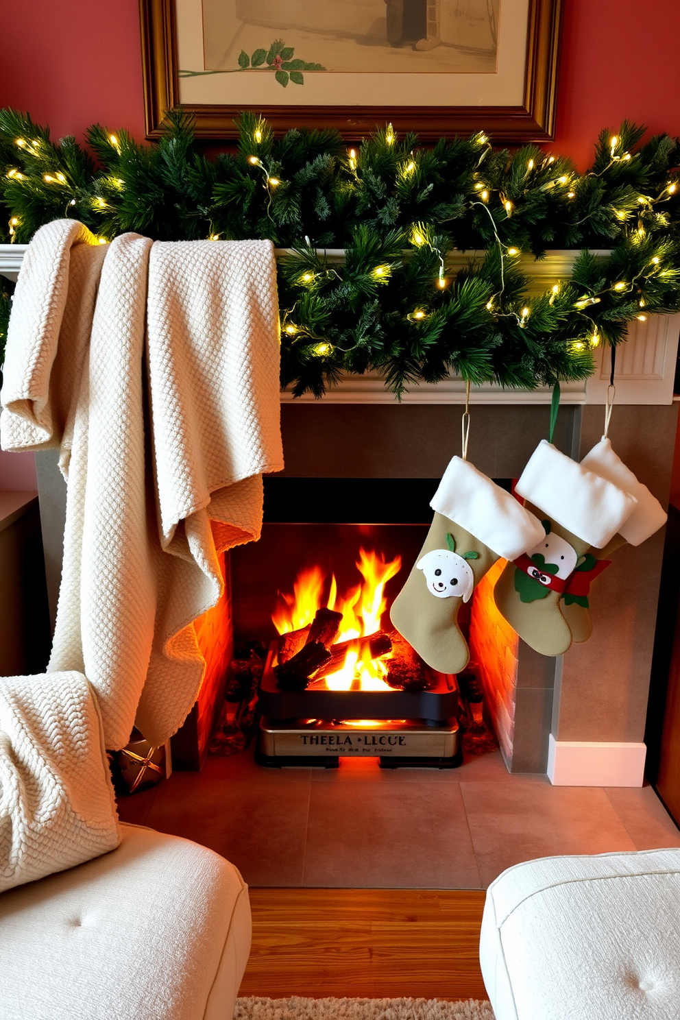 A cozy living room setting with a warm fireplace at the center. Plush blankets are draped casually over the mantel, adding a touch of comfort and inviting warmth. The fireplace is adorned with festive Christmas decorations, featuring garlands of greenery and twinkling fairy lights. Stockings hang from the mantel, each uniquely designed, creating a cheerful holiday atmosphere.