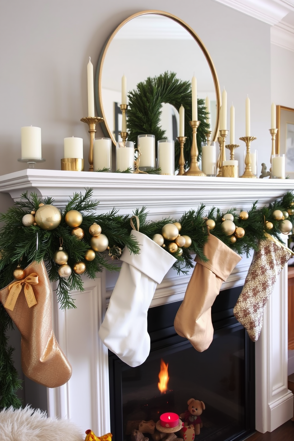 A cozy living room adorned with gold and silver accents creates a chic and elegant atmosphere. The fireplace is beautifully decorated with a garland of pine branches intertwined with shimmering gold and silver ornaments. Above the mantel, a collection of candles in varying heights adds warmth and charm. Stockings in luxurious fabrics hang gracefully, each embellished with metallic threads that catch the light.