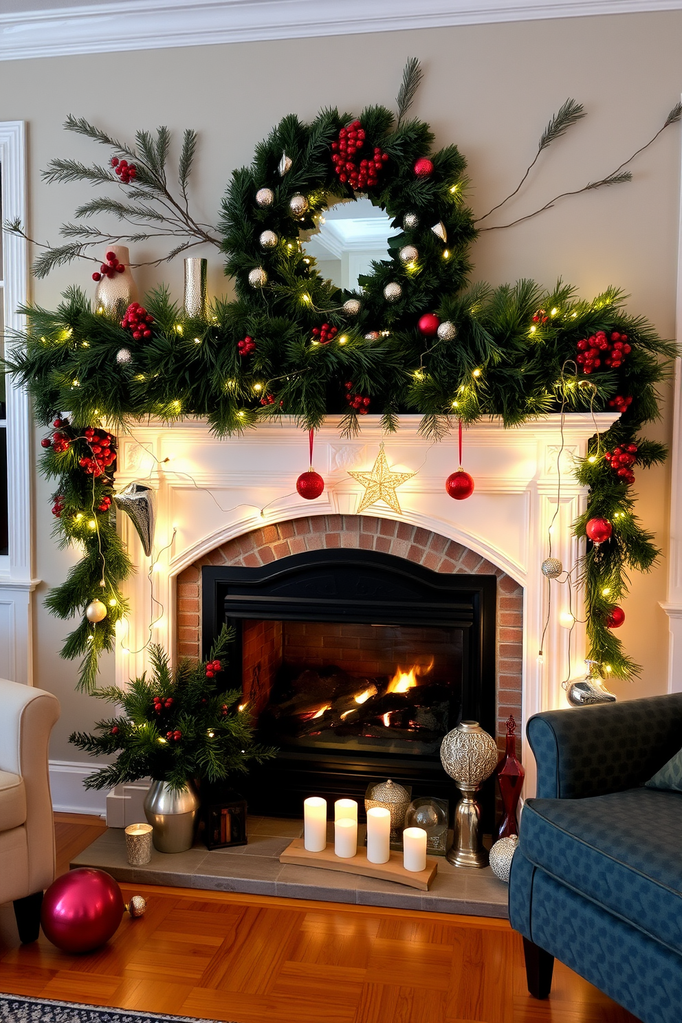 A cozy living room adorned with pine branches and red berries, creating a warm and inviting atmosphere. The fireplace is elegantly decorated with garlands of greenery, twinkling fairy lights, and festive ornaments, enhancing the holiday spirit.