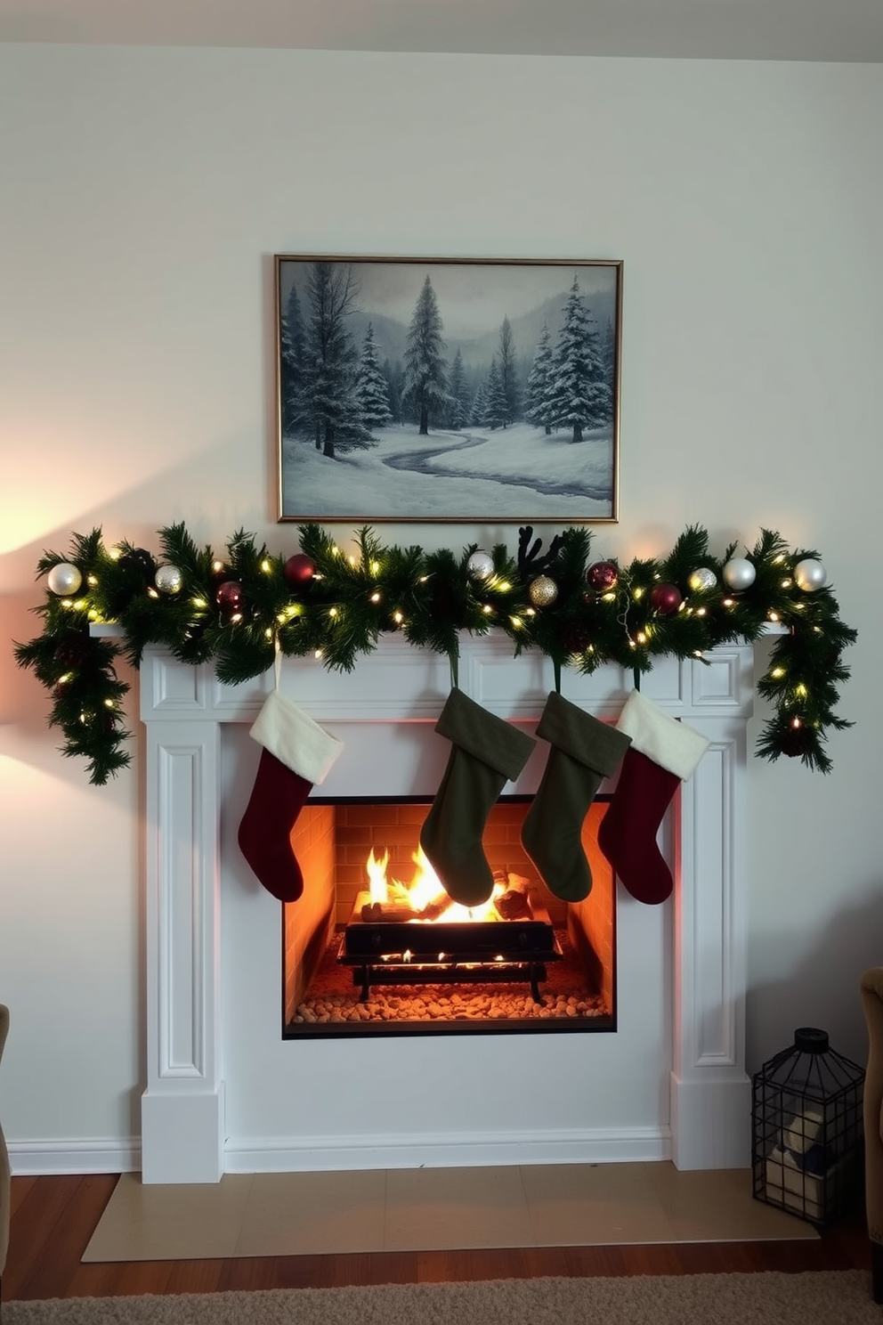 A cozy living room adorned with seasonal artwork above the fireplace. The artwork features a festive winter scene that complements the warm glow of the flames. The fireplace is elegantly decorated with Christmas garlands and twinkling fairy lights. Stockings hang from the mantel, adding a personal touch to the holiday decor.