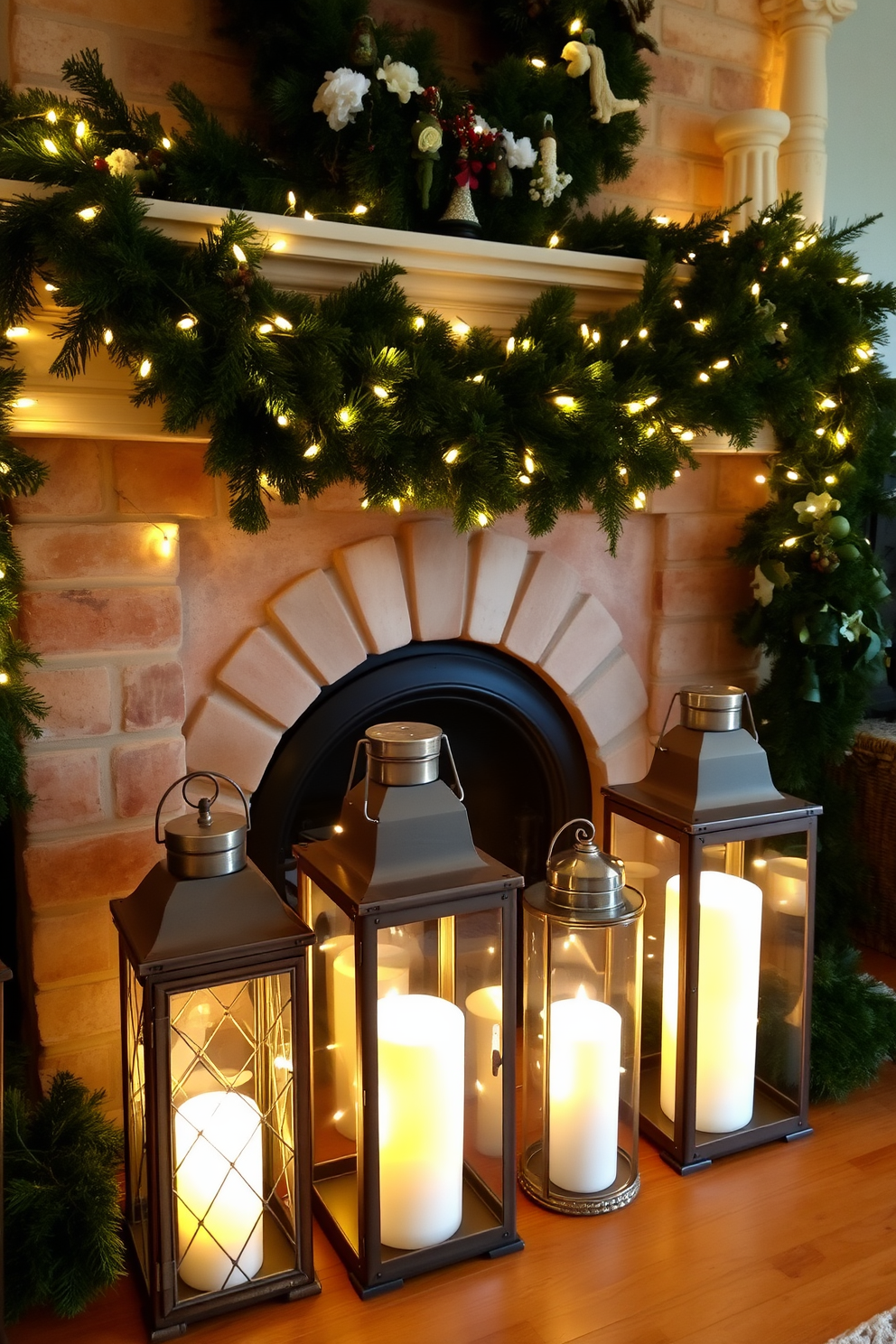 Rustic lanterns are placed strategically around the fireplace, each filled with glowing candles that create a warm and inviting atmosphere. The fireplace itself is adorned with evergreen garlands and twinkling fairy lights, enhancing the festive spirit of the room.