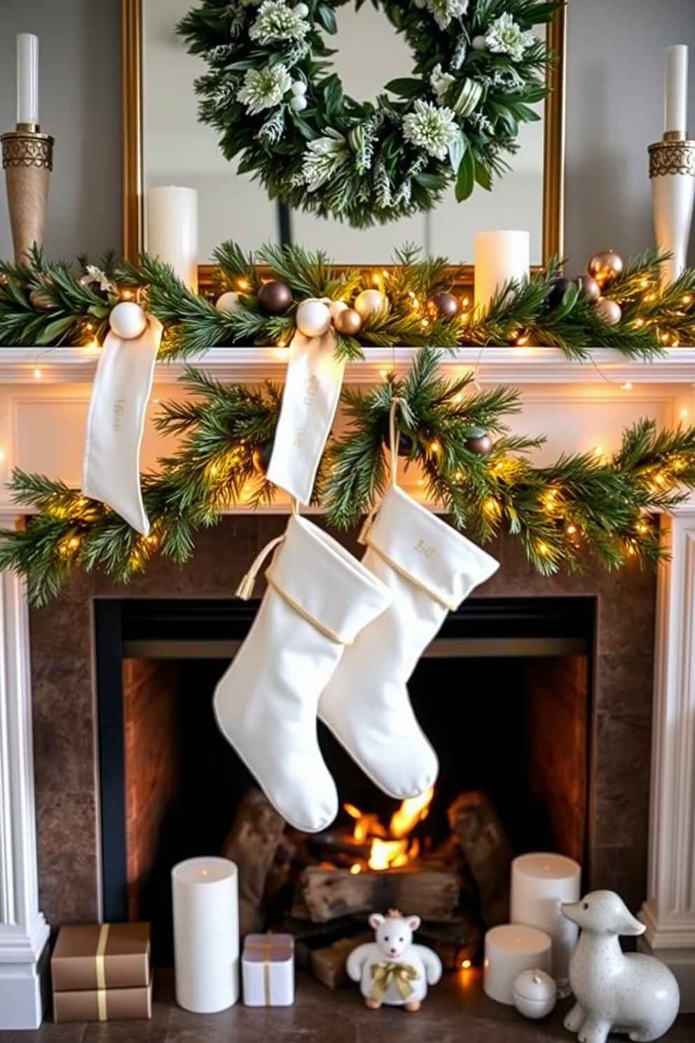 Elegant white stockings with gold accents hang gracefully from a beautifully adorned mantel. The fireplace is surrounded by festive greenery and twinkling fairy lights, creating a warm and inviting holiday atmosphere.