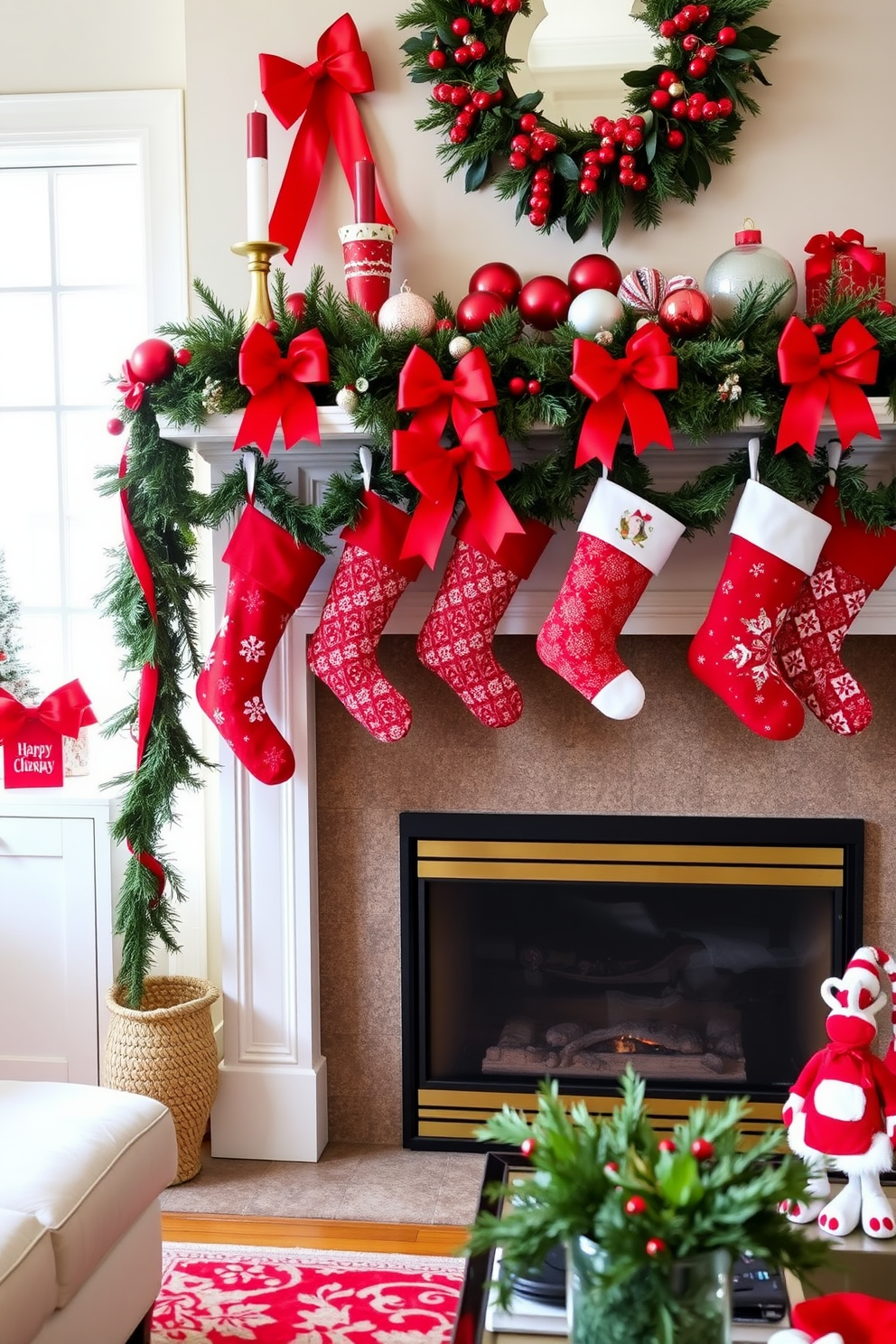 A cozy living room adorned with classic red and white decorations for Christmas. A beautifully decorated fireplace takes center stage, surrounded by garlands of evergreen and red ribbons. Red and white stockings hang from the mantel, each embellished with festive patterns. A collection of red and white ornaments is artfully arranged on the mantel, adding to the holiday charm.