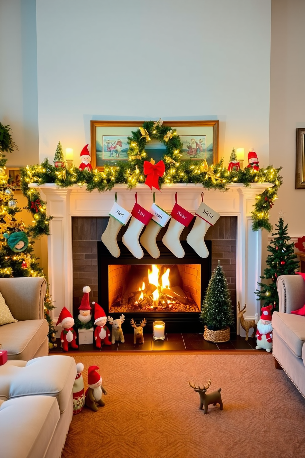 A cozy living room adorned for Christmas with whimsical elves and reindeer figurines scattered throughout the space. The fireplace is beautifully decorated with garlands, twinkling lights, and stockings hung with care, creating a warm and festive atmosphere.