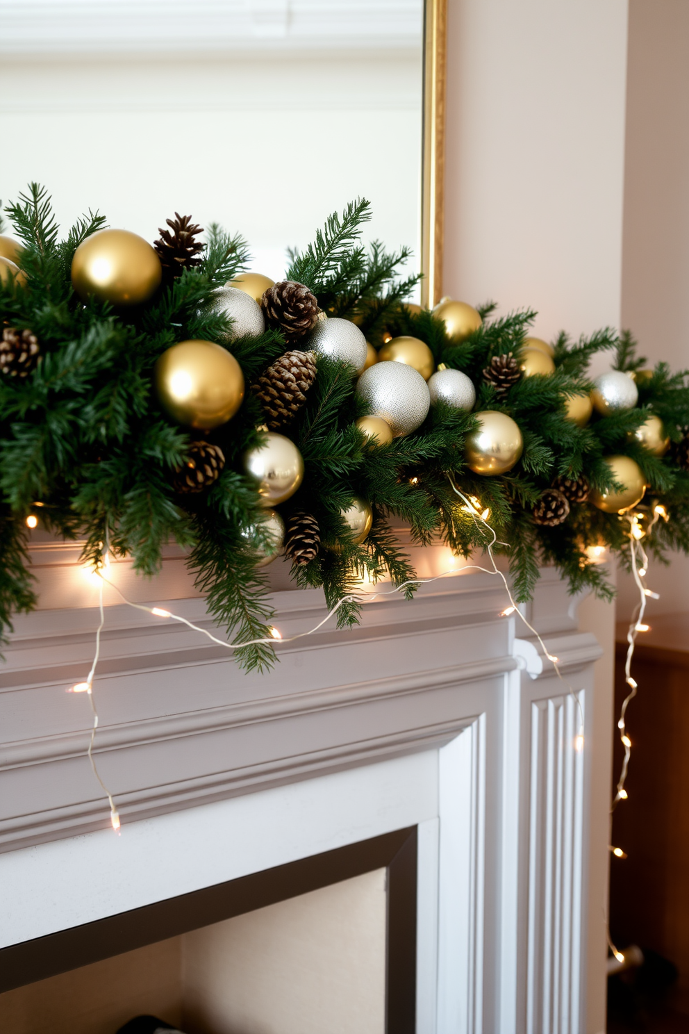 Chic metallic accents are tastefully combined with natural elements to create a warm and inviting fireplace setting. The mantel is adorned with a mix of gold and silver ornaments, while lush greenery and pinecones add a touch of nature. The fireplace itself features a sleek metallic surround that complements the holiday decor. Twinkling string lights are draped elegantly along the mantel, enhancing the festive atmosphere.