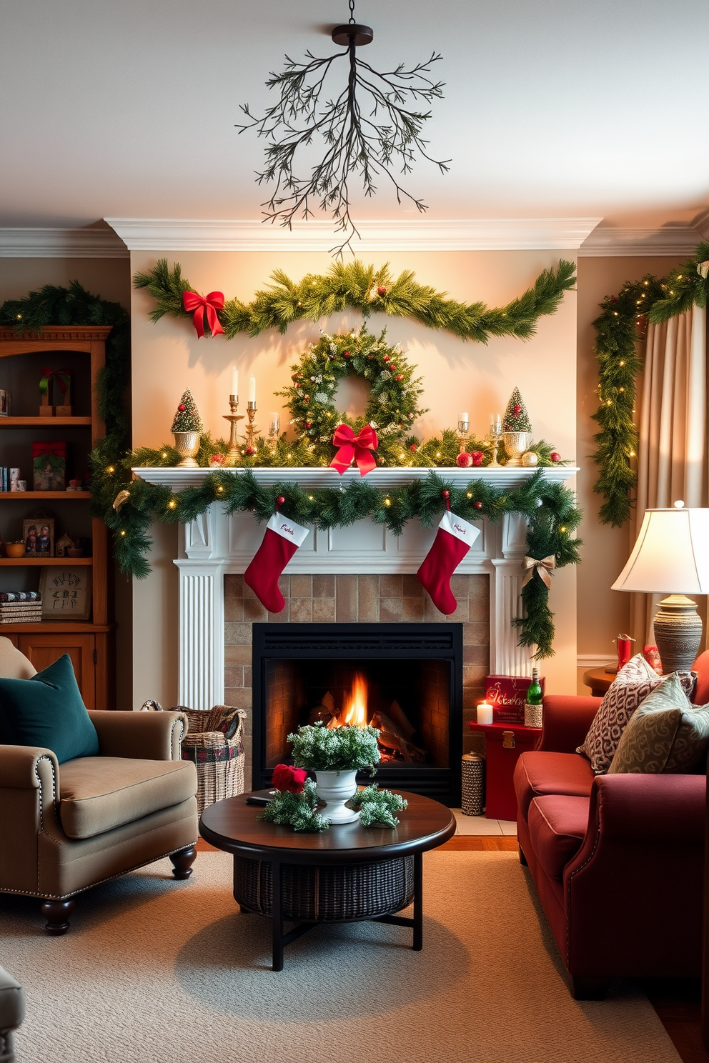 A cozy living room adorned for the holiday season. A beautifully decorated fireplace serves as the focal point, surrounded by stockings and festive garlands. Hanging mistletoe is strategically placed above the seating area to invite romantic moments. Soft lighting enhances the warm atmosphere, creating an inviting space for gatherings.