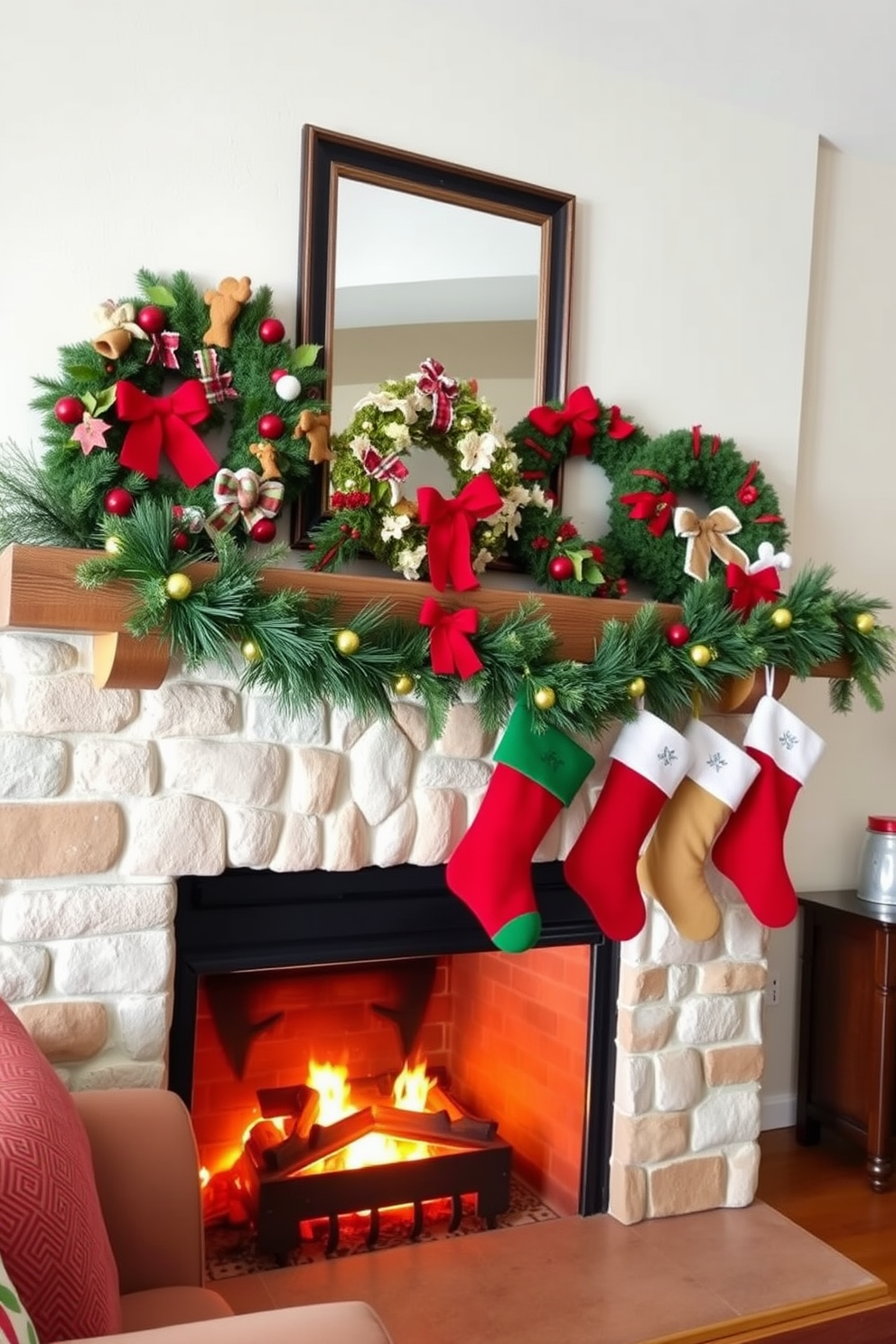 A cozy living room setting with a rustic mantelpiece decorated for Christmas. Colorful wreaths in various sizes and styles are artfully arranged along the mantel, bringing festive cheer to the space. The fireplace below is warmly lit, creating a welcoming atmosphere. Stockings in vibrant colors hang from the mantel, complementing the wreaths and enhancing the holiday spirit.