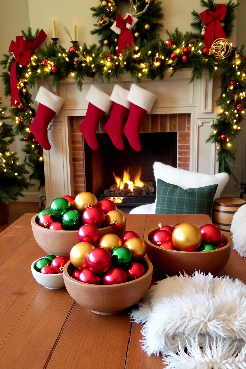 Brightly colored ornaments in various bowls are artfully arranged on a rustic wooden table. The vibrant hues of red, green, and gold create a festive atmosphere, inviting warmth and cheer to the holiday setting. A classic fireplace adorned with garlands and twinkling lights serves as the focal point of the room. Stockings hang from the mantel, and a cozy arrangement of plush blankets and pillows invites relaxation by the fire.