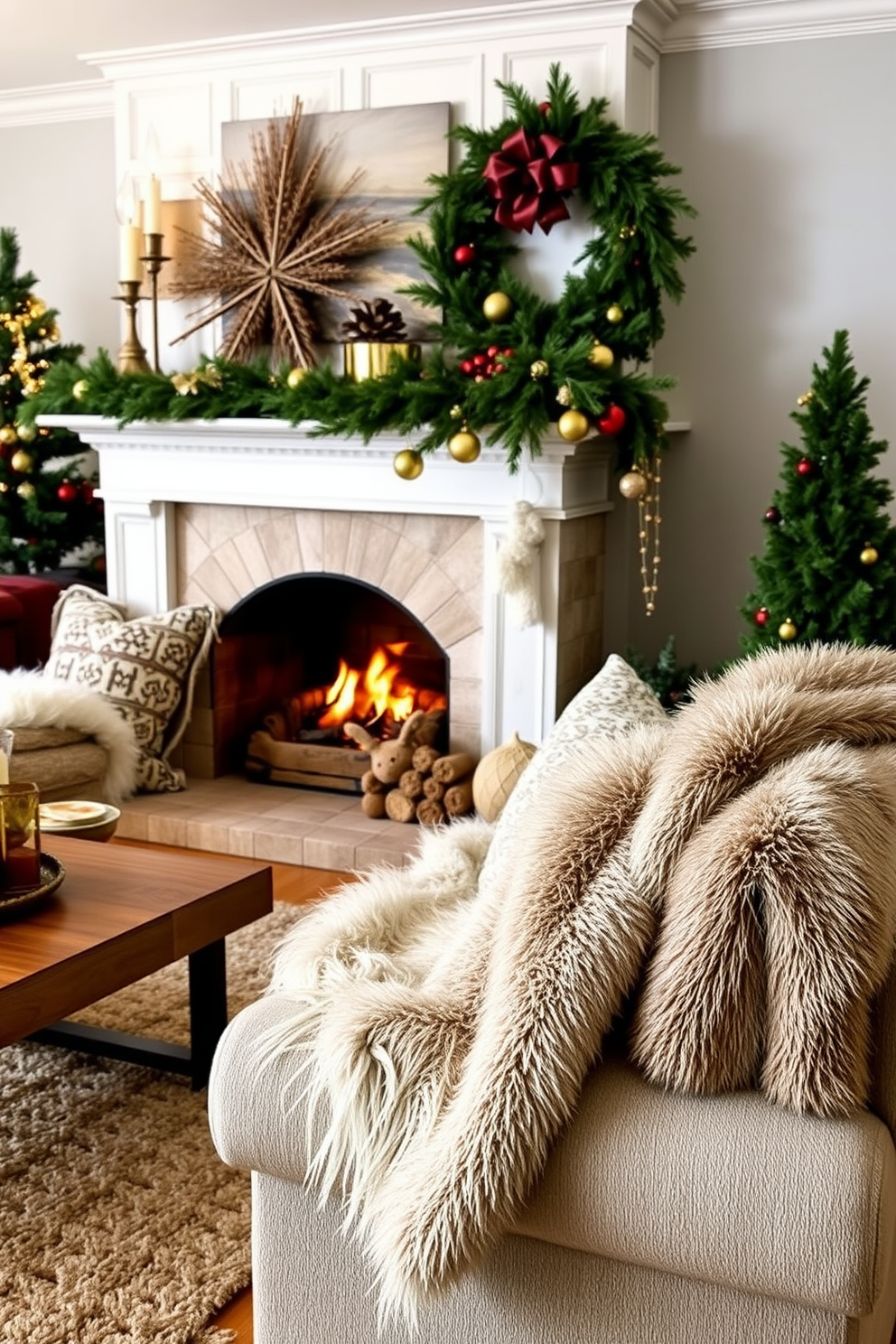 A cozy living room setting adorned with layered textures and faux fur throws draped over a plush sofa. A beautifully styled fireplace serves as the focal point, decorated with festive Christmas ornaments and greenery for a warm holiday atmosphere.