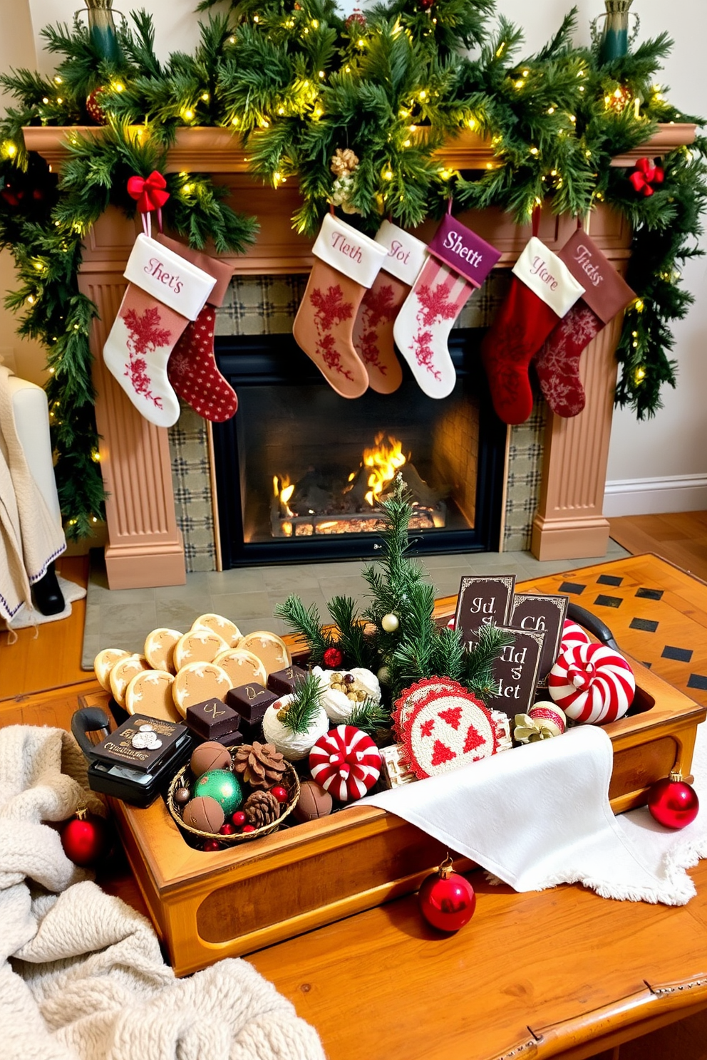 A beautifully arranged decorative tray is filled with an assortment of holiday treats including gingerbread cookies, chocolate truffles, and peppermint bark. The tray is placed on a rustic wooden coffee table, surrounded by cozy blankets and festive ornaments. A stunning fireplace is adorned with garlands of evergreen and twinkling fairy lights, creating a warm and inviting atmosphere. Stockings hang from the mantel, each personalized with intricate details, adding a touch of holiday charm to the room.