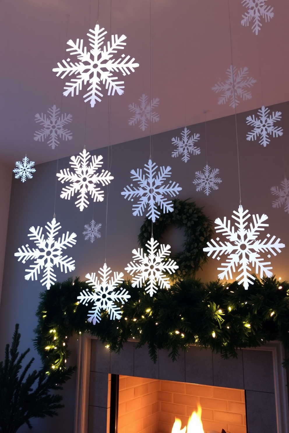 Artistic snowflake cutouts hang gracefully from the ceiling, creating a whimsical winter wonderland effect. The fireplace is adorned with garlands of evergreen and twinkling fairy lights, enhancing the cozy holiday ambiance.