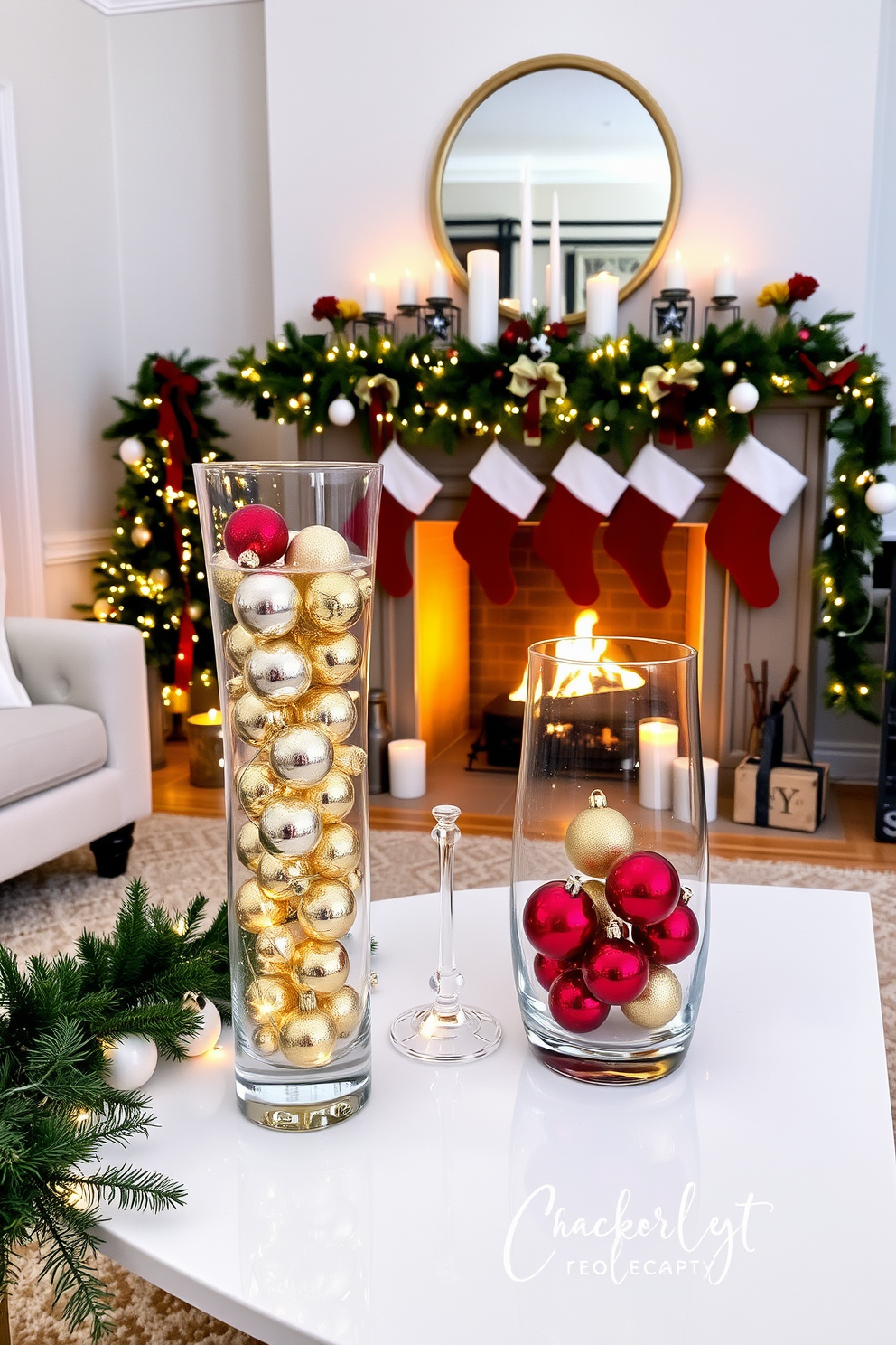 Elegant glass vases filled with ornaments create a festive atmosphere in a beautifully decorated living room. The vases are placed on a sleek coffee table, surrounded by twinkling fairy lights and seasonal greenery. A cozy fireplace adorned with stockings and garlands adds warmth to the space. The mantel is decorated with candles and holiday-themed decor, enhancing the Christmas spirit.