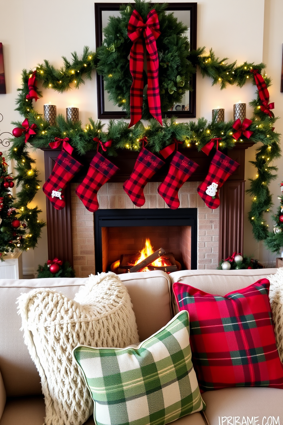 A cozy living room adorned with traditional red and green plaid decorations. A beautifully decorated fireplace serves as the centerpiece, surrounded by garlands of pine and twinkling fairy lights. Stockings hang from the mantel, each featuring festive patterns that complement the plaid theme. Plush throw pillows in coordinating colors are arranged on a comfortable sofa, inviting warmth and holiday cheer.