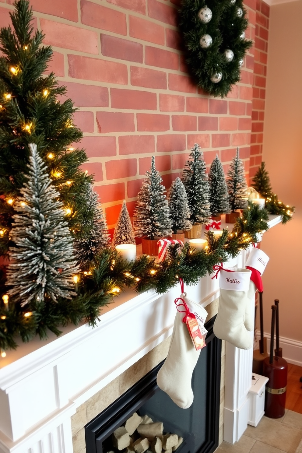 A cozy living room scene featuring a beautifully decorated mantel adorned with miniature Christmas trees of varying heights. The mantel is draped with a garland of pine and twinkling fairy lights, creating a warm and inviting atmosphere. Above the mantel, a classic fireplace exudes charm with its rustic brick surround. Stockings hang from the mantel, each personalized and filled with festive treats, enhancing the holiday spirit in the room.