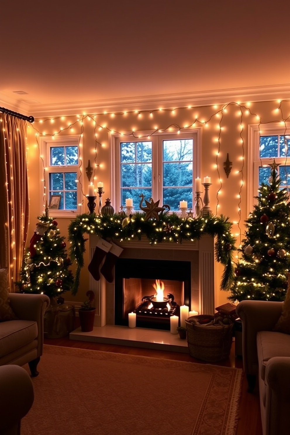 A warm and inviting living room adorned with twinkling fairy lights that cast a soft, cozy glow throughout the space. The lights are draped elegantly along the mantelpiece and around the windows, creating a magical atmosphere perfect for holiday gatherings. A beautifully decorated fireplace serves as the focal point of the room, surrounded by festive garlands and stockings. The mantel is adorned with seasonal decor, including candles and ornaments, enhancing the Christmas spirit in the home.