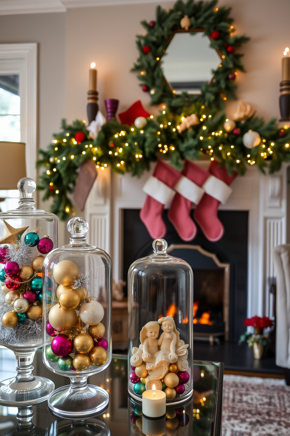 A cozy living room adorned with vintage ornaments displayed in elegant glass jars. The jars are filled with colorful baubles, shimmering tinsel, and delicate figurines, creating a nostalgic holiday atmosphere. A beautifully decorated fireplace serves as the focal point of the room. It is adorned with garlands of greenery, twinkling fairy lights, and festive stockings hanging from the mantel, evoking a warm and inviting Christmas spirit.