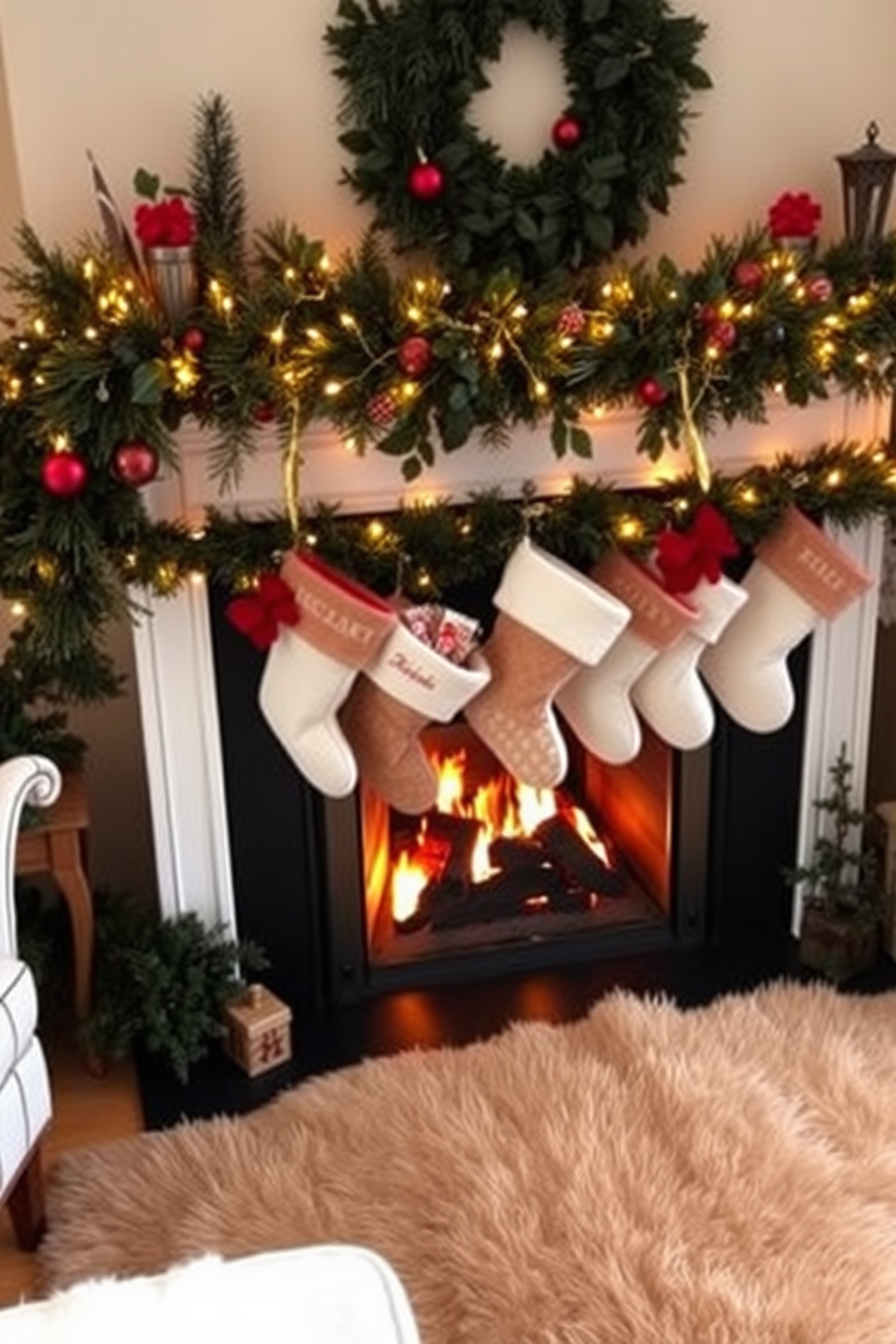 A cozy living room adorned for Christmas features a beautifully decorated fireplace. Fresh greenery and holly are elegantly arranged on the mantel, complemented by twinkling fairy lights and festive ornaments. Plush stockings hang from the fireplace, each personalized and filled with treats. A warm, inviting rug lies in front of the hearth, where a crackling fire adds to the festive atmosphere.