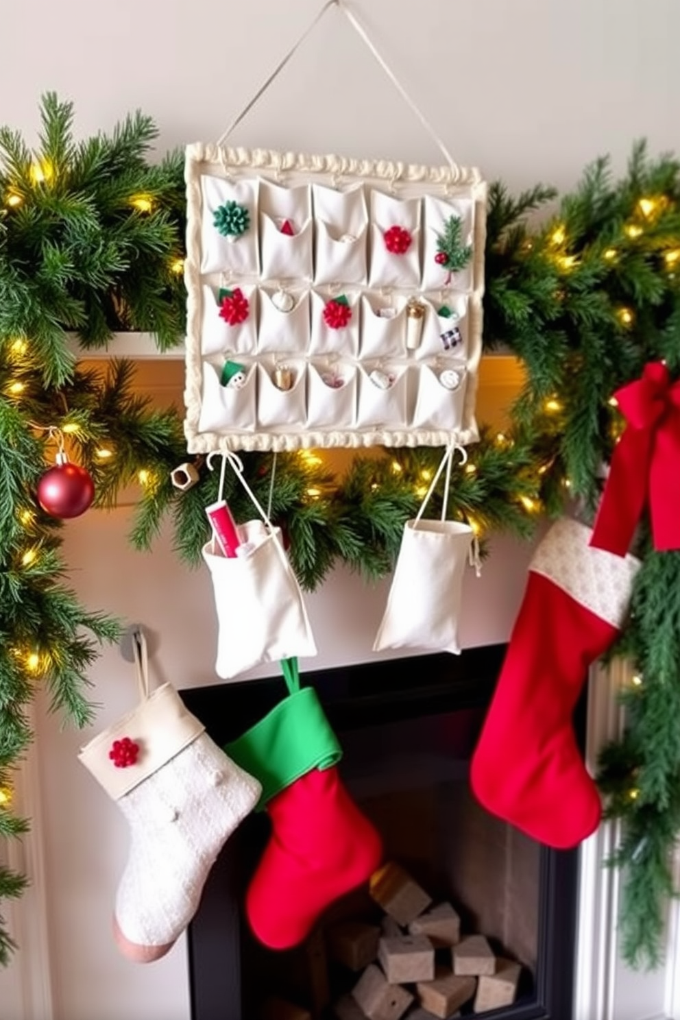 A charming DIY advent calendar hangs from the mantel, crafted from natural materials and adorned with festive decorations. Each pocket is filled with small surprises, creating a delightful countdown to Christmas. The fireplace is elegantly decorated with garlands of evergreen and twinkling fairy lights. Stockings in vibrant colors are hung with care, adding a cozy and inviting touch to the holiday ambiance.