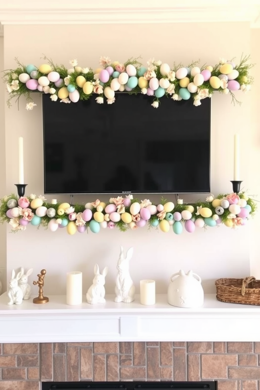 Easter themed garland made of pastel colored eggs and flowers drapes elegantly across the mantel. The fireplace is adorned with whimsical bunny figurines and soft, fluffy white candles to create a warm and festive atmosphere.