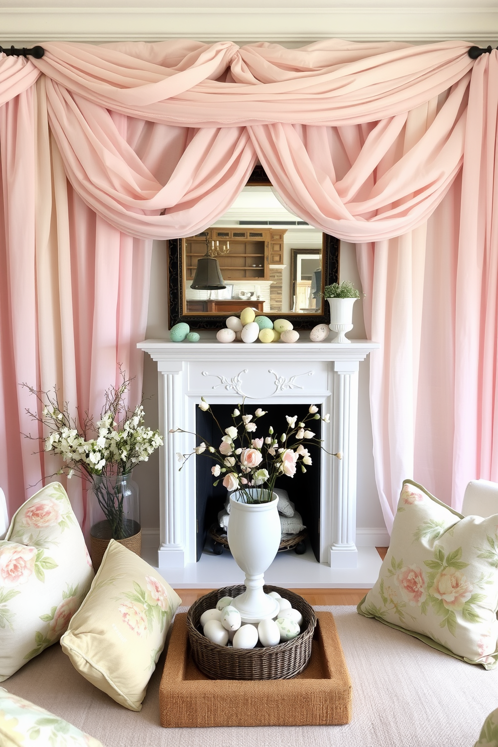 A cozy living room adorned with layered fabric in soft spring hues. The curtains are a light pastel pink, while the throw pillows feature a mix of floral patterns in soft yellows and greens. In the center, a stylish fireplace serves as the focal point. It is decorated with elegant Easter elements, including pastel-colored eggs and delicate spring flowers in a vase.