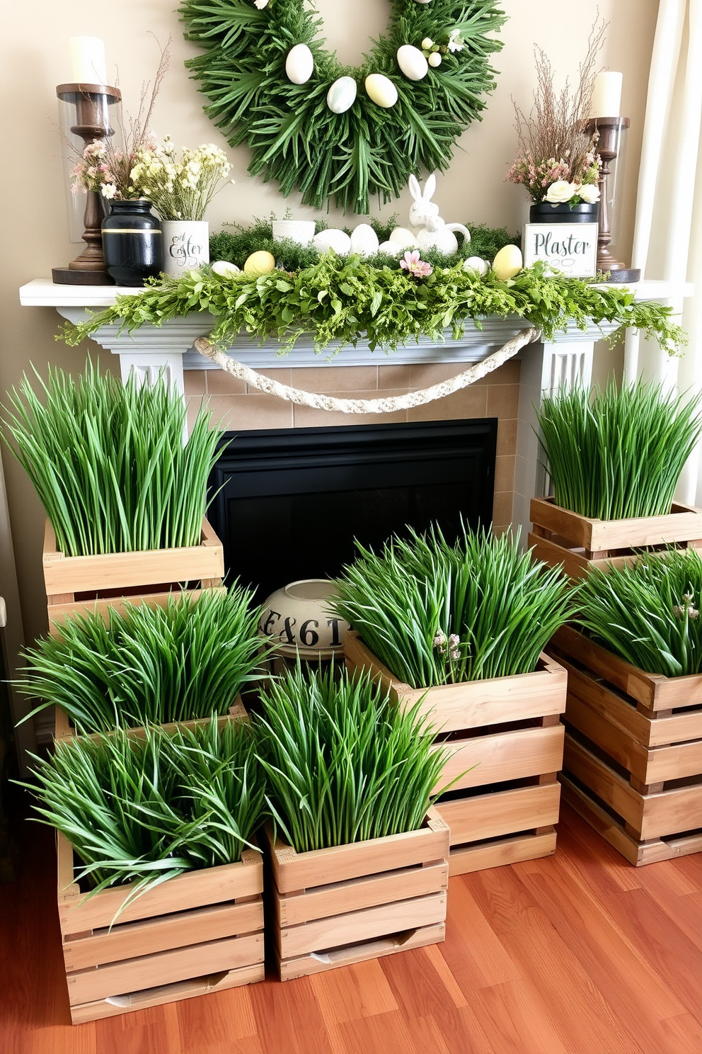 A cozy living room setting featuring wooden crates filled with lush faux grass arranged artfully around a decorative fireplace. The fireplace is adorned with Easter decorations, including pastel-colored eggs and floral accents, creating a warm and inviting atmosphere.