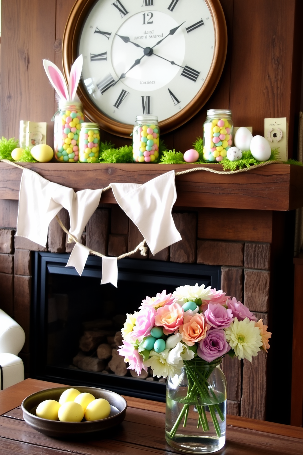 A cozy Easter-themed living room features a rustic fireplace adorned with pastel-colored decorations. On the mantel, mason jars filled with colorful candy and decorative eggs create a festive atmosphere, complemented by spring flowers in a vase.