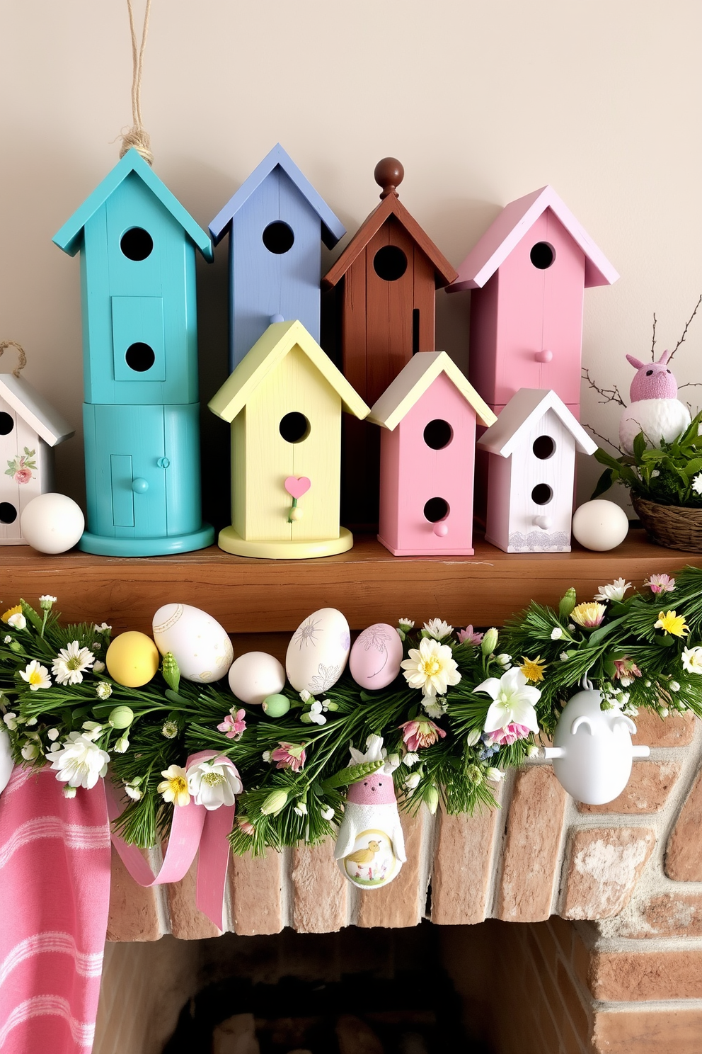 A collection of quaint birdhouses in various colors and designs arranged on a rustic wooden shelf. Each birdhouse features unique details such as painted flowers and tiny windows, adding charm to the space. A cozy fireplace adorned with seasonal decorations for Easter. Soft pastel colors and decorative eggs are placed around the mantel, complemented by a garland of fresh flowers and greenery.