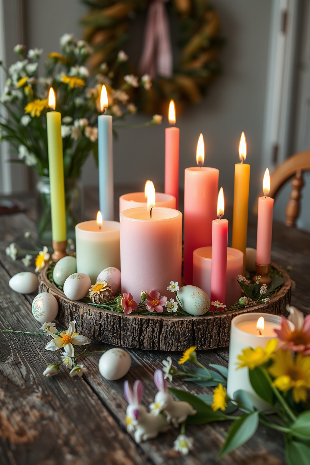 A collection of pastel colored candles arranged on a rustic wooden table creates a soft and inviting glow. Surrounding the candles are delicate Easter decorations such as painted eggs and spring flowers, enhancing the cozy ambiance.