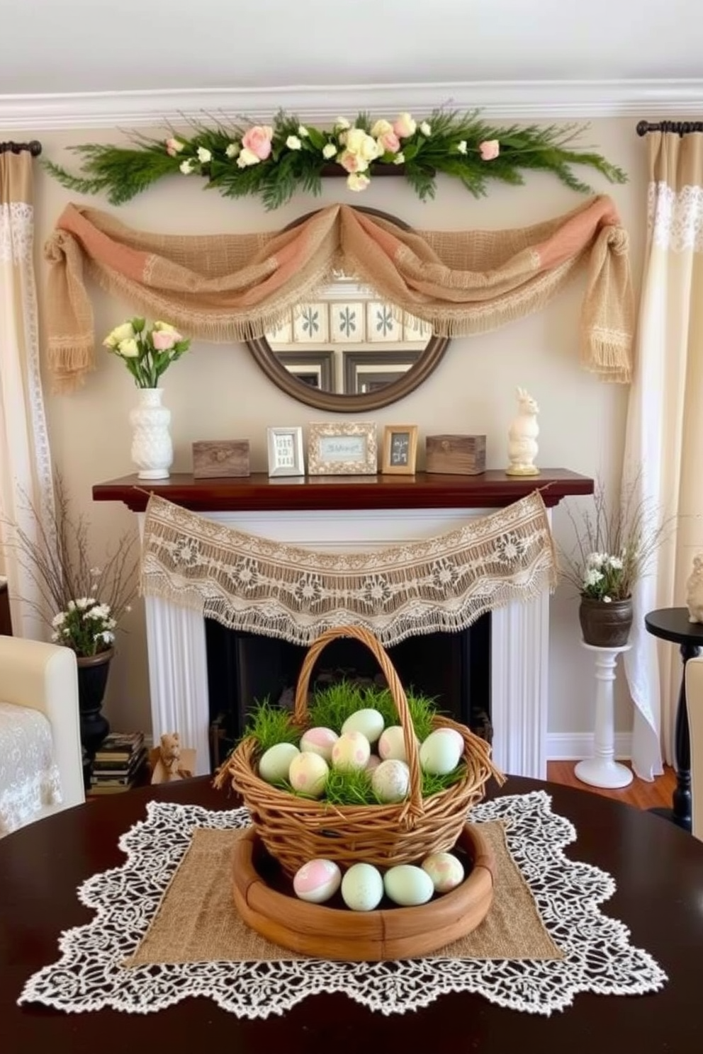 A cozy living room adorned with burlap and lace accents. The rustic charm is highlighted by a beautifully decorated fireplace, featuring a garland of lace and burlap intertwined with fresh spring flowers. Easter decorations are tastefully arranged around the fireplace. Hand-painted eggs in pastel colors are nestled in a burlap basket, while lace table runners add an elegant touch to the surrounding decor.