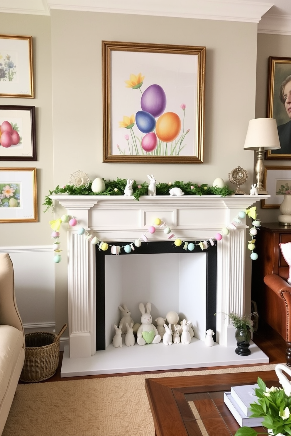 A cozy living room adorned with framed Easter prints depicting colorful eggs and spring flowers. A classic fireplace is decorated with pastel-colored garlands and small ceramic bunnies, creating a warm and inviting atmosphere.