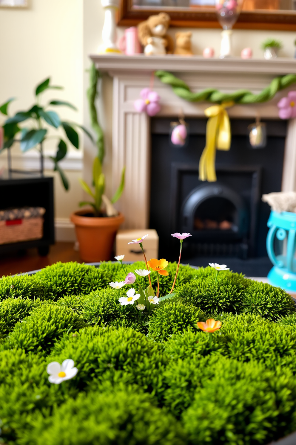 A serene miniature garden filled with lush green moss and vibrant flowers creates a peaceful retreat. The delicate blooms in various colors complement the soft texture of the moss, inviting tranquility into the space. A cozy fireplace serves as the centerpiece of the living room, radiating warmth and comfort. Decorated for Easter, it features charming pastel accents and seasonal decorations that enhance the inviting atmosphere.