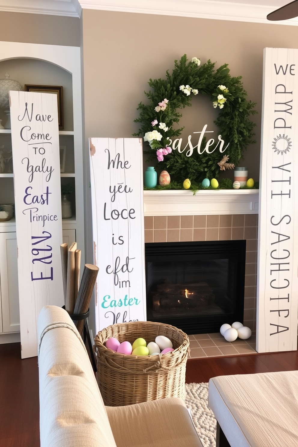 Whitewashed wooden signs with charming Easter sayings are placed throughout the room, adding a rustic touch to the decor. The signs feature playful fonts and pastel colors, enhancing the festive atmosphere. A cozy fireplace serves as a focal point, adorned with seasonal decorations like colorful eggs and spring flowers. Soft lighting from the fireplace creates a warm and inviting ambiance for Easter gatherings.