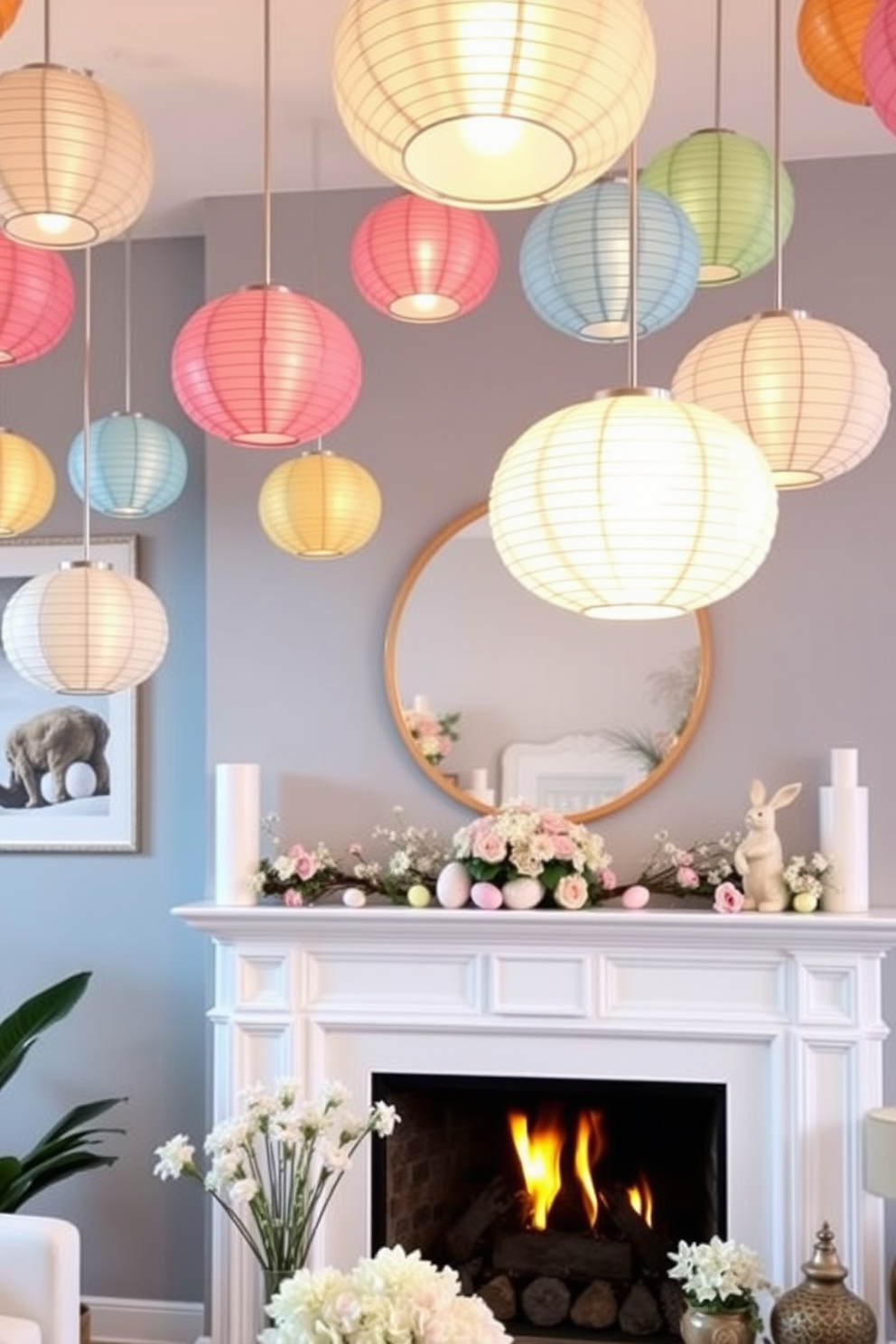 A cozy living room adorned with colorful hanging paper lanterns that add a festive flair to the space. The lanterns are suspended at varying heights, casting a warm glow throughout the room. A stylish fireplace serves as the focal point, decorated with seasonal Easter accents. Soft pastel-colored eggs and delicate floral arrangements are arranged on the mantel, creating a cheerful atmosphere.