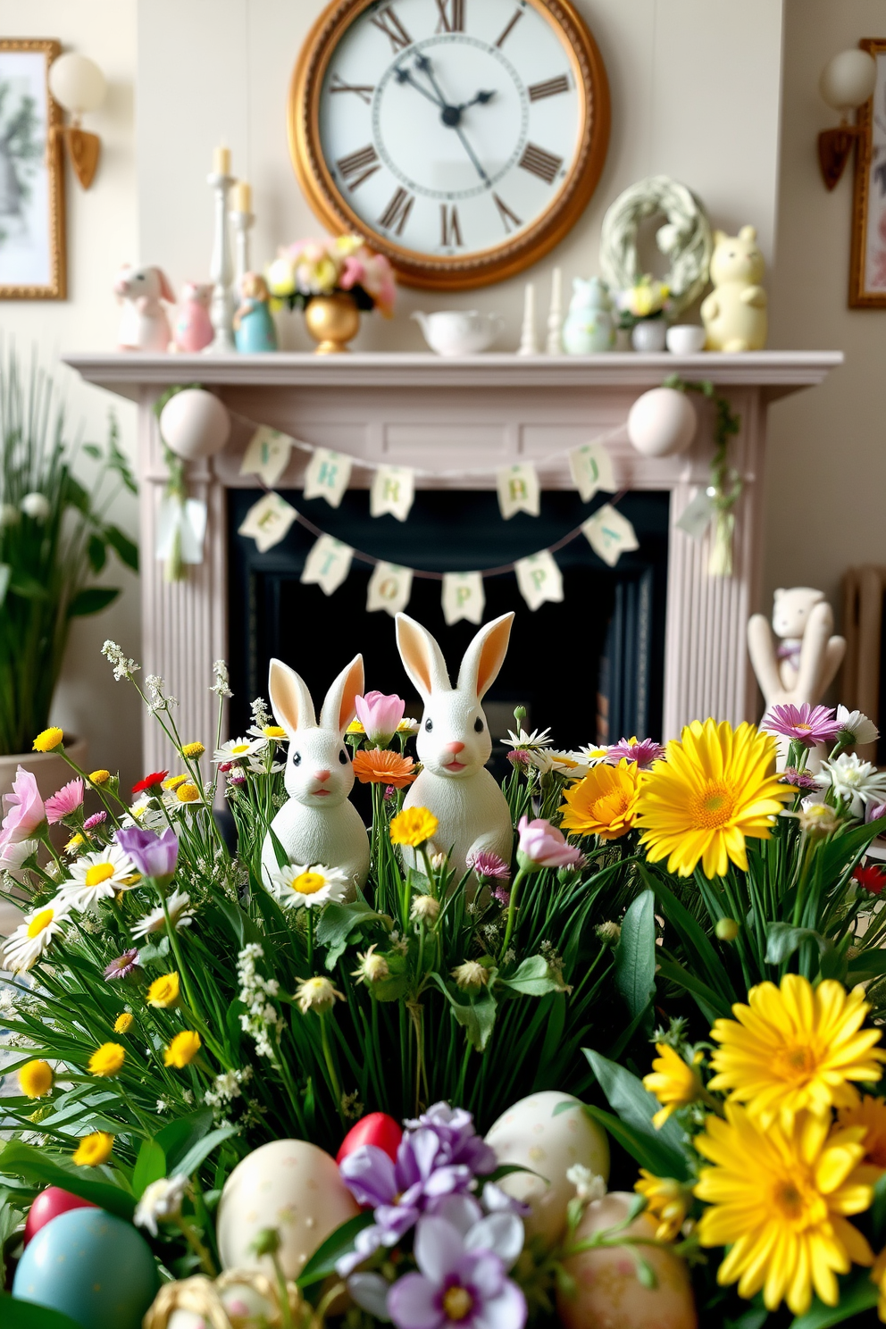 A charming living room scene decorated for Easter. Vintage bunnies are nestled among a vibrant array of spring flowers, creating a whimsical and festive atmosphere. A cozy fireplace serves as the focal point of the room. It's adorned with pastel-colored decorations and Easter-themed accents, enhancing the cheerful ambiance.