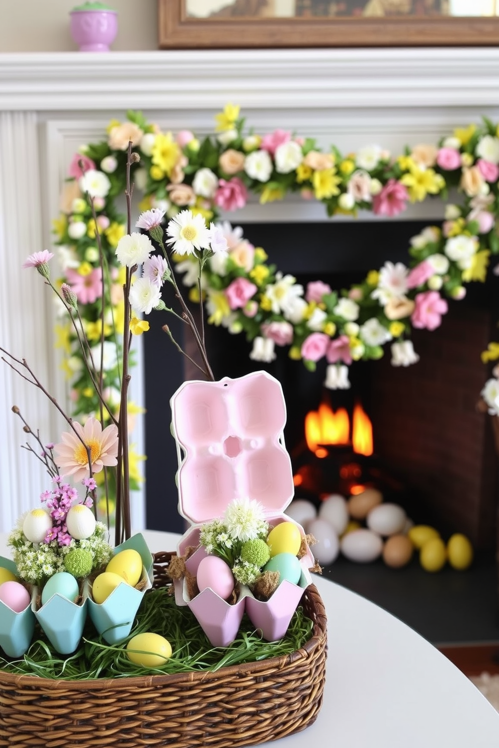 A creative display using recycled egg cartons transformed into charming decorative pieces. The arrangement features pastel-colored egg cartons filled with spring flowers and small Easter eggs. A cozy fireplace adorned with seasonal decorations for Easter. Surround the fireplace with garlands of flowers and colorful eggs, creating a warm and inviting atmosphere.