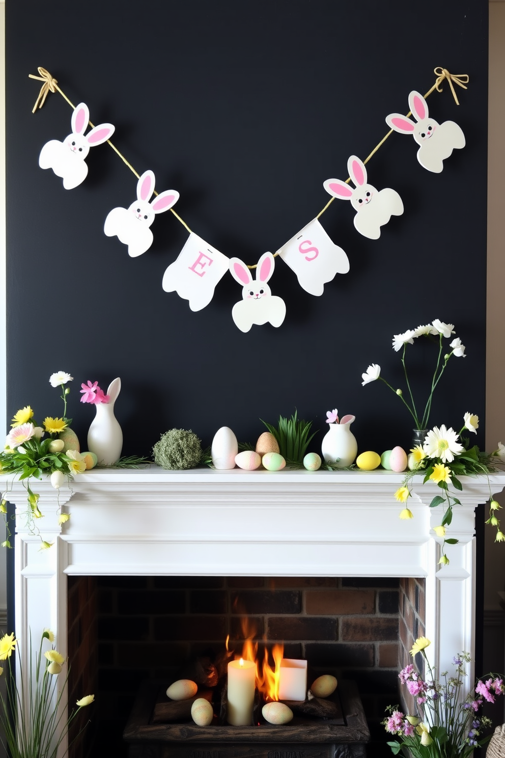 Charming bunny banners draped across a beautifully decorated fireplace create a whimsical Easter atmosphere. The fireplace is adorned with pastel-colored eggs and fresh spring flowers, enhancing the festive charm of the space.