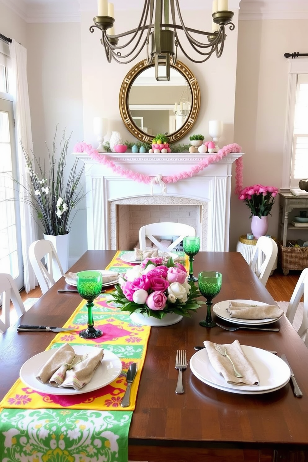 Brightly colored table runners create a vibrant contrast against a neutral table setting. The runners feature bold patterns and hues that add a festive touch to any dining experience. A beautifully designed fireplace serves as a stunning focal point in the room. For Easter decorations, consider incorporating pastel-colored accents and seasonal decor around the fireplace to enhance the festive atmosphere.