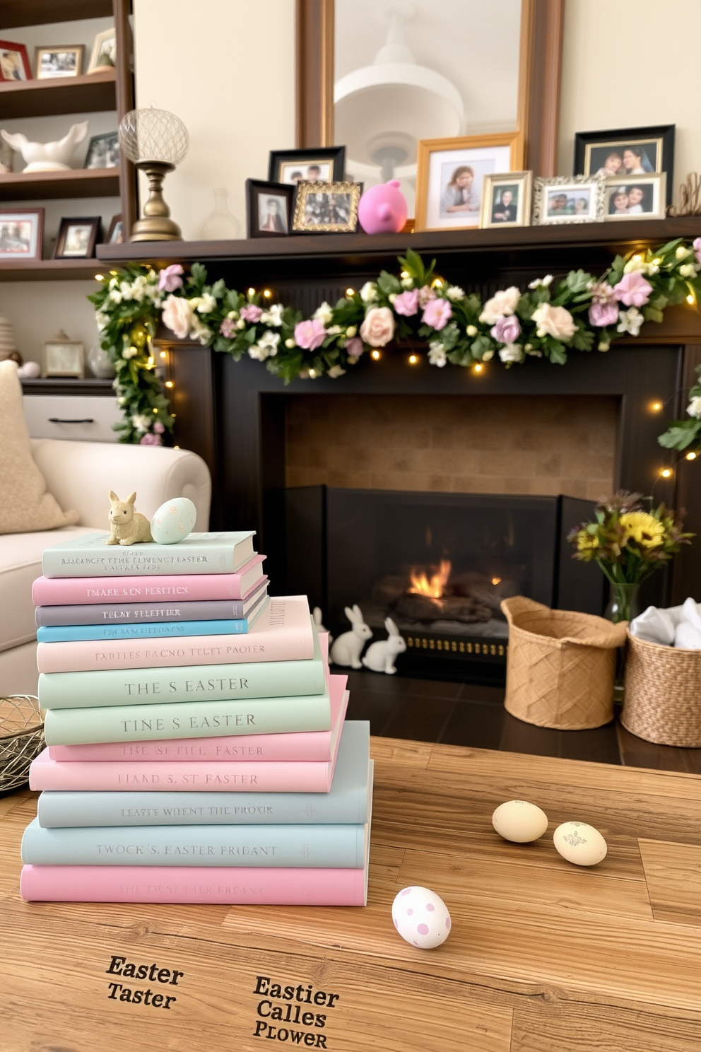 A cozy living room setting featuring a beautifully arranged stack of Easter themed books in pastel colors. The books are placed on a rustic wooden coffee table, surrounded by decorative elements like painted eggs and small bunnies. In the background, a charming fireplace is adorned with seasonal decorations, including a garland of spring flowers and twinkling fairy lights. Above the mantel, a collection of framed family photos adds a personal touch to the festive atmosphere.