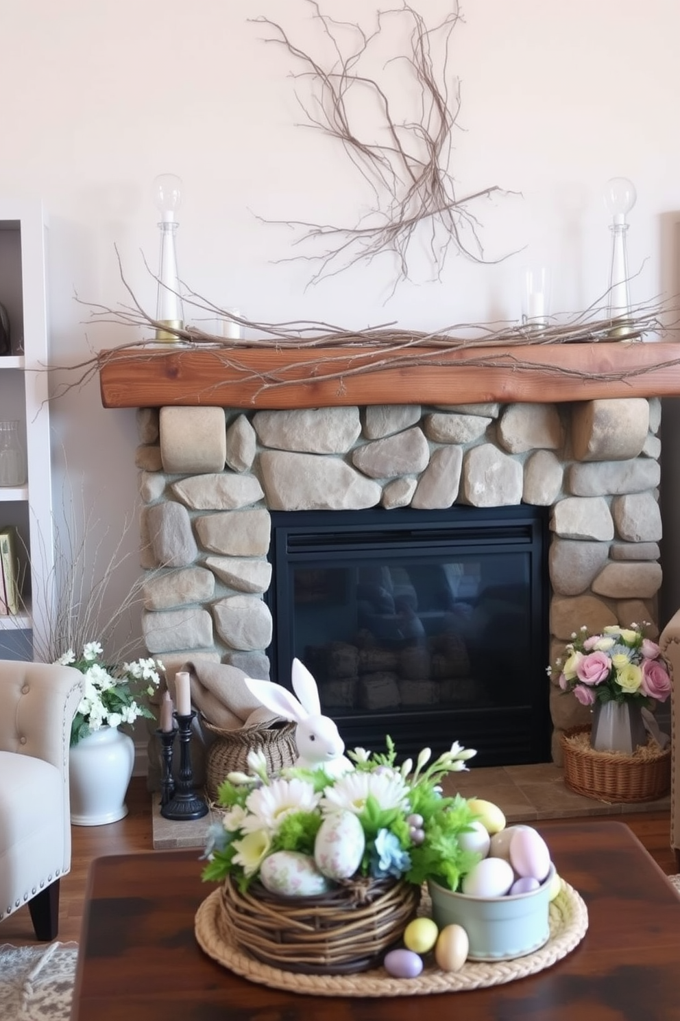 A cozy living room featuring a rustic fireplace made of stone with a wooden mantel adorned with twigs and branches. Soft pastel colors dominate the decor, with Easter-themed accents like decorated eggs and floral arrangements placed around the room.