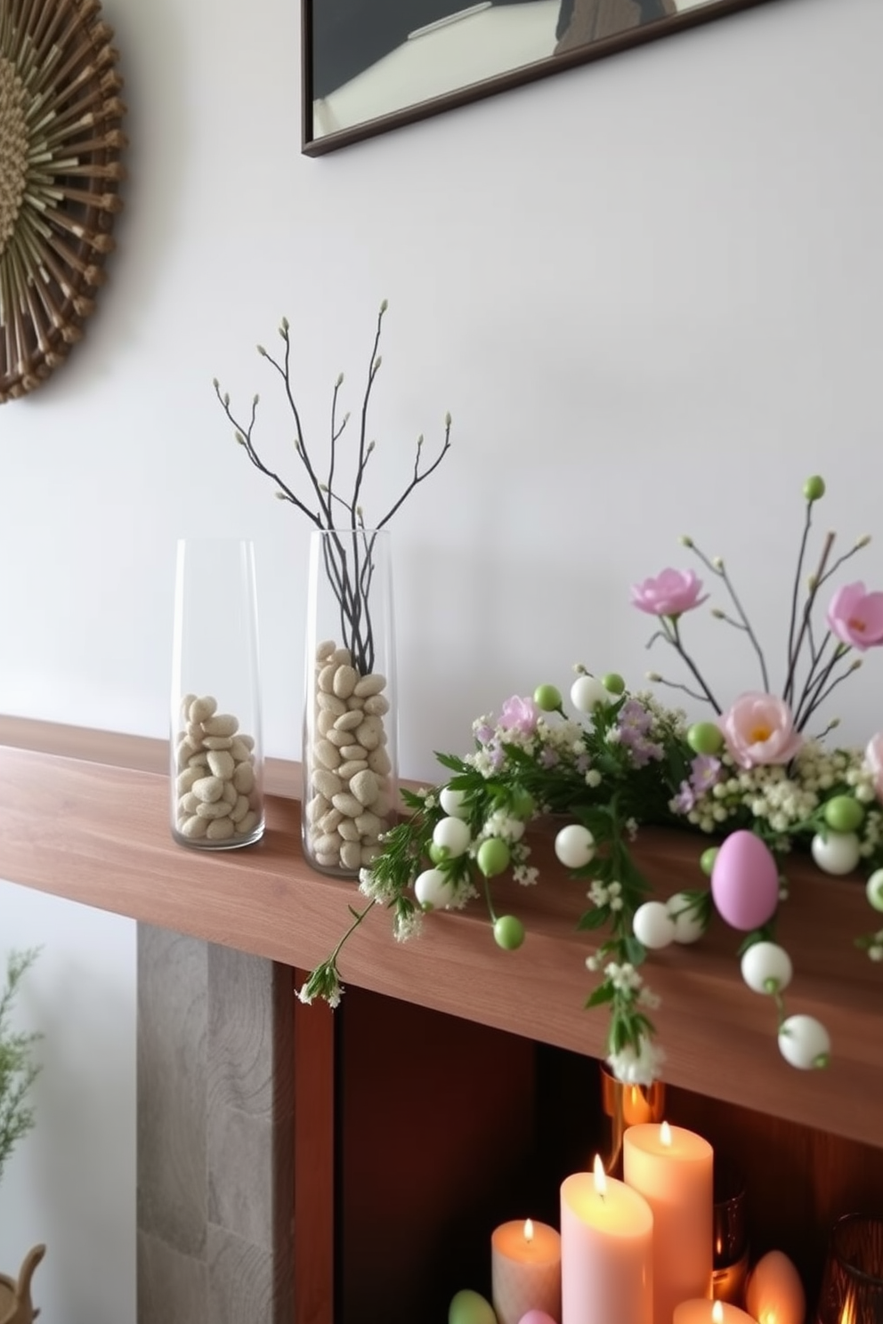 Chic glass vases filled with pebbles are arranged on a sleek wooden shelf, adding a touch of elegance to the space. The varying heights of the vases create visual interest, while the natural tones of the pebbles enhance the overall aesthetic. The fireplace is adorned with seasonal Easter decorations, featuring pastel-colored eggs and delicate floral arrangements. Soft candlelight flickers within the fireplace, creating a warm and inviting atmosphere perfect for gathering.