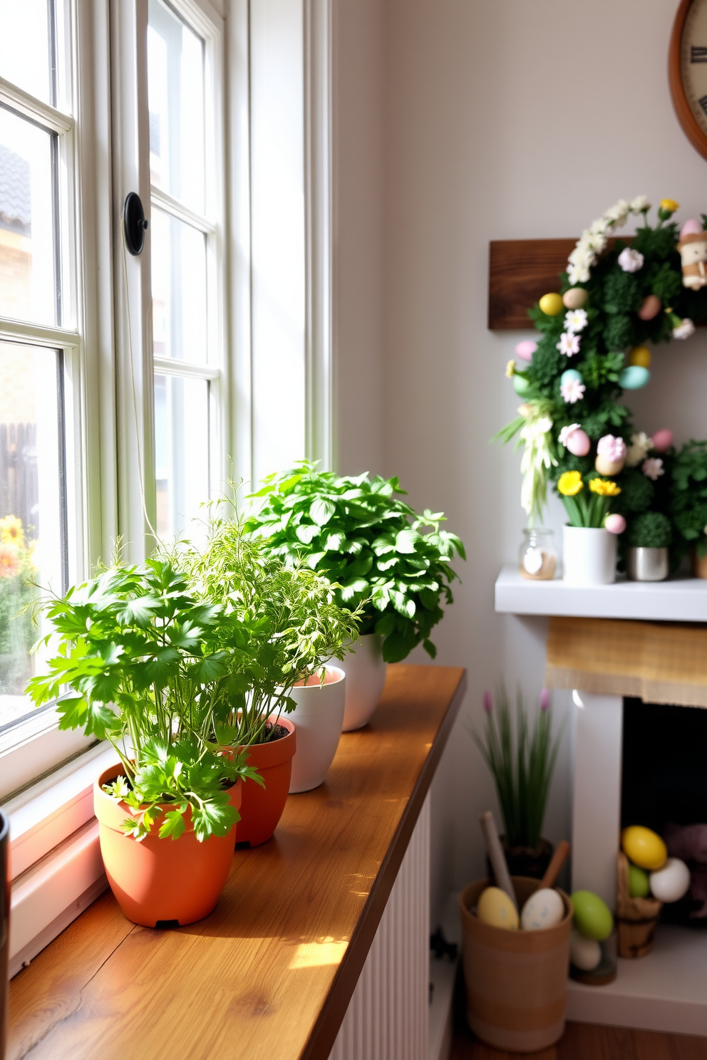 Fresh herbs in cute pots arranged on a sunny kitchen windowsill. The vibrant green leaves contrast beautifully with the rustic wooden shelves. A cozy fireplace adorned with seasonal decorations for Easter. Colorful eggs and spring flowers create a festive and inviting atmosphere.