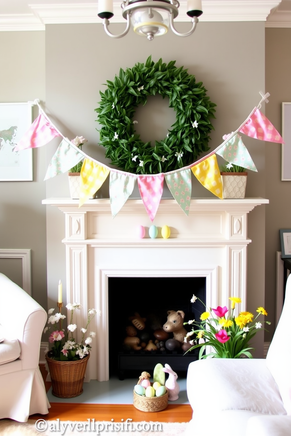 A cozy living room adorned with colorful fabric bunting strung above a charming fireplace. The fireplace is decorated with pastel-colored Easter eggs and spring flowers, creating a festive atmosphere.