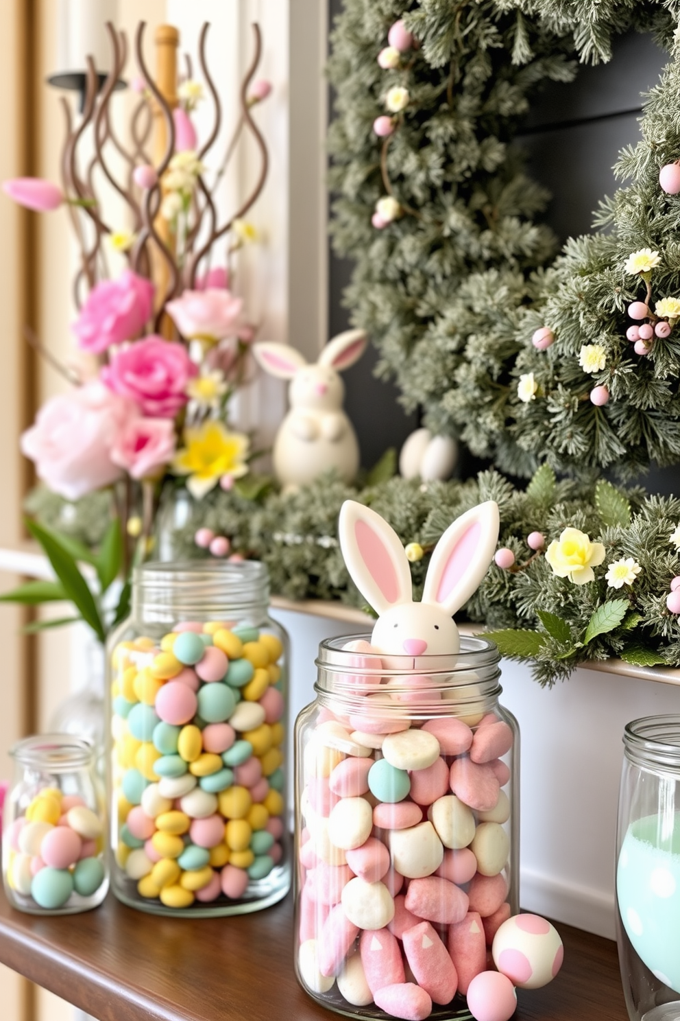 Sweet treats in glass jars create a charming and inviting decor element for any space. The colorful candies and desserts add a playful touch while showcasing creativity in presentation. A beautifully styled fireplace can serve as a stunning focal point in your Easter decor. Adorn the mantel with pastel-colored accents, fresh flowers, and seasonal ornaments to enhance the festive atmosphere.