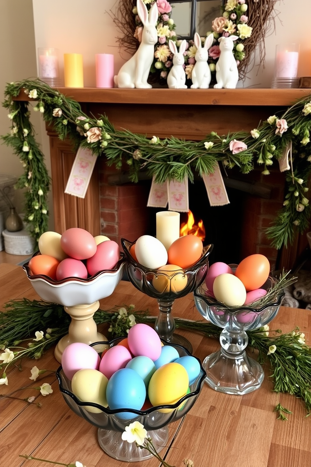 A collection of colorful eggs arranged in decorative bowls made of ceramic and glass. The bowls are placed on a rustic wooden table, surrounded by fresh spring flowers and greenery. A cozy fireplace adorned with Easter-themed decorations like garlands and pastel-colored candles. The mantle is decorated with bunny figurines and a wreath made of twigs and flowers, creating a warm and inviting atmosphere.