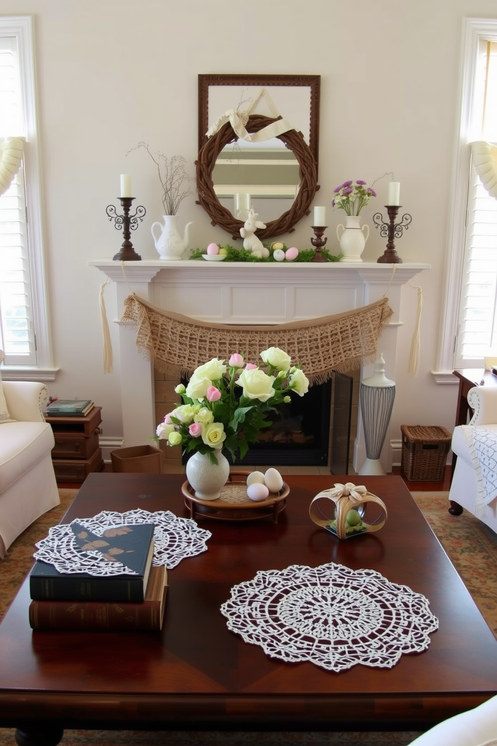 A cozy living room adorned with delicate lace doilies on the coffee table and side tables, adding a vintage charm to the space. The doilies are complemented by a collection of antique books and a rustic vase filled with fresh flowers. A beautifully decorated fireplace serves as the focal point of the room, featuring Easter-themed decorations such as pastel-colored eggs and floral arrangements. The mantel is adorned with seasonal accents, creating a warm and inviting atmosphere for family gatherings.