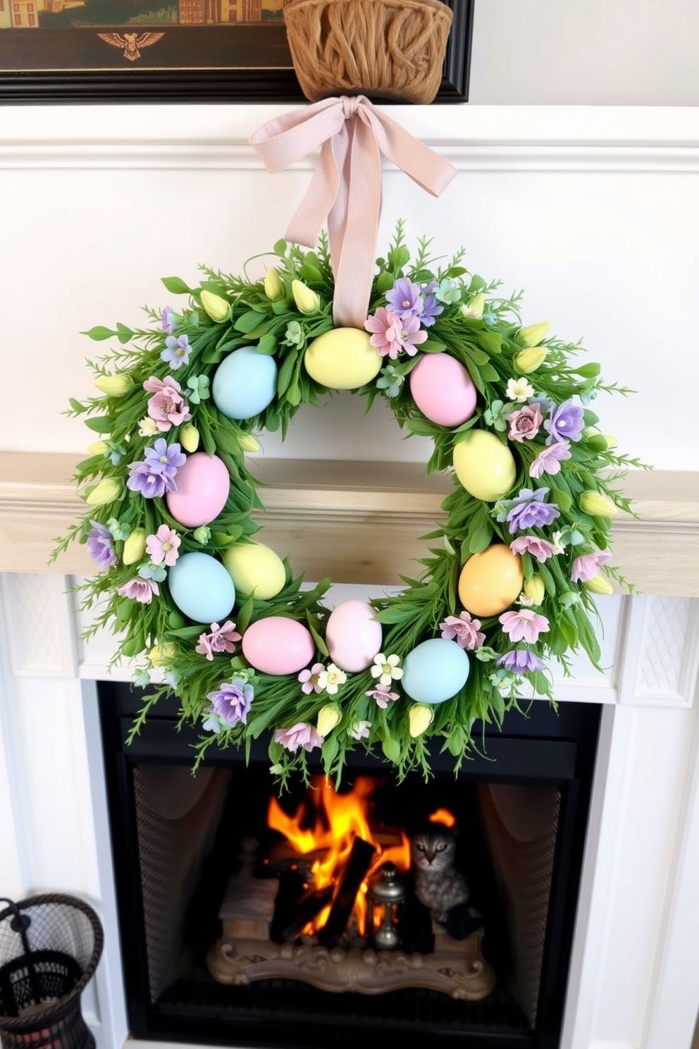 A vibrant spring wreath is crafted from fresh greenery and adorned with colorful eggs in pastel hues. The wreath is hung above a cozy fireplace, creating a festive focal point that celebrates the Easter season.