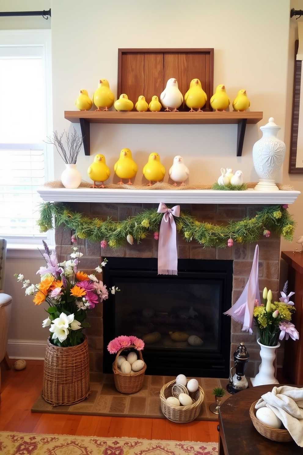 A charming display of ceramic chicks arranged on a wooden shelf adds a playful touch to the room. The vibrant colors of the chicks contrast beautifully with the soft pastel hues of the surrounding decor. A cozy fireplace serves as the focal point of the space, adorned with seasonal decorations. Fresh flowers and Easter-themed accents create a warm and inviting atmosphere for festive gatherings.