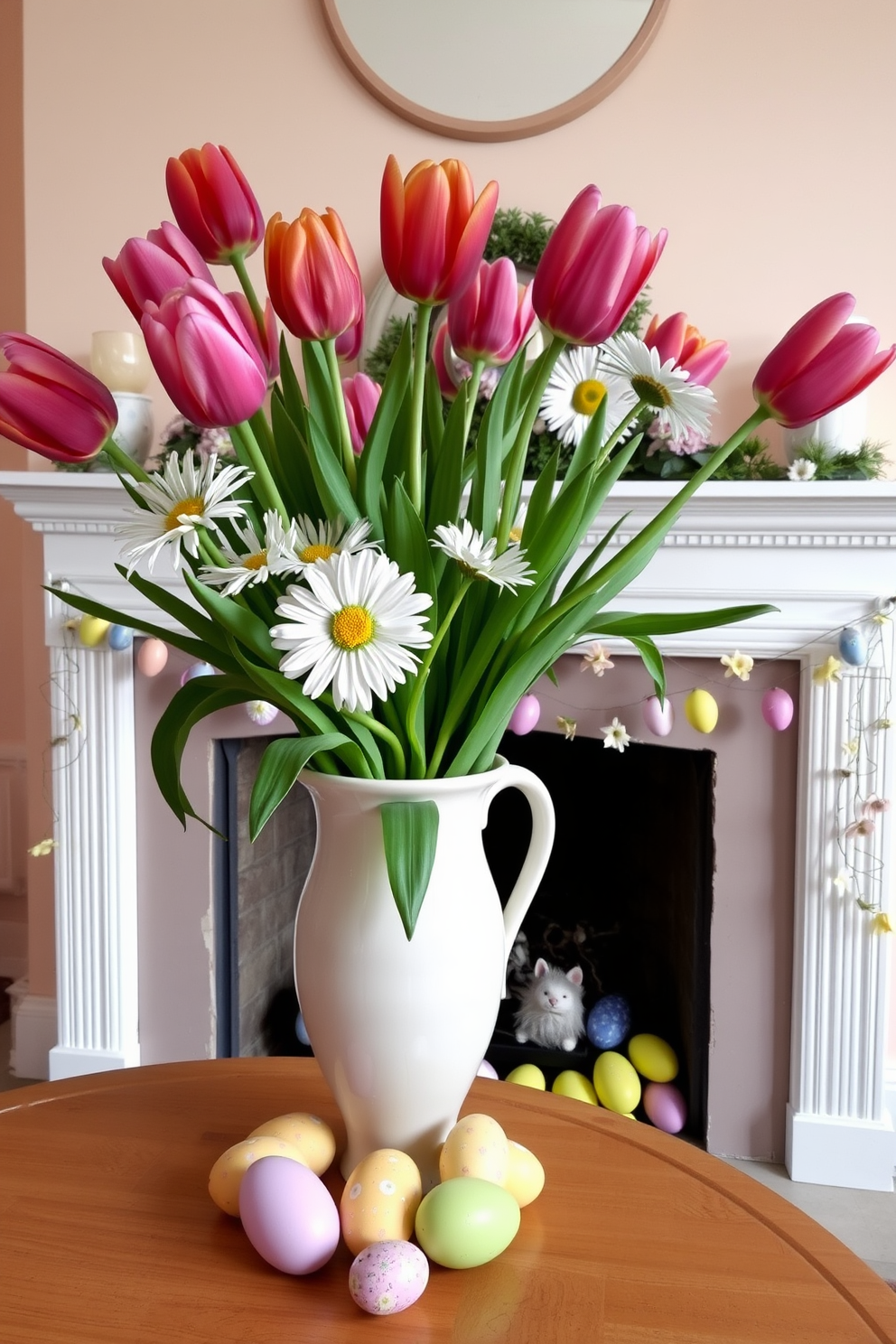 A vibrant floral arrangement featuring fresh tulips and daisies in a ceramic vase. The colors of the flowers complement the soft pastel hues of the room, creating a cheerful and inviting atmosphere. A cozy fireplace adorned with seasonal decorations for Easter. Delicate garlands of eggs and spring flowers are draped along the mantel, adding a festive touch to the warm ambiance.