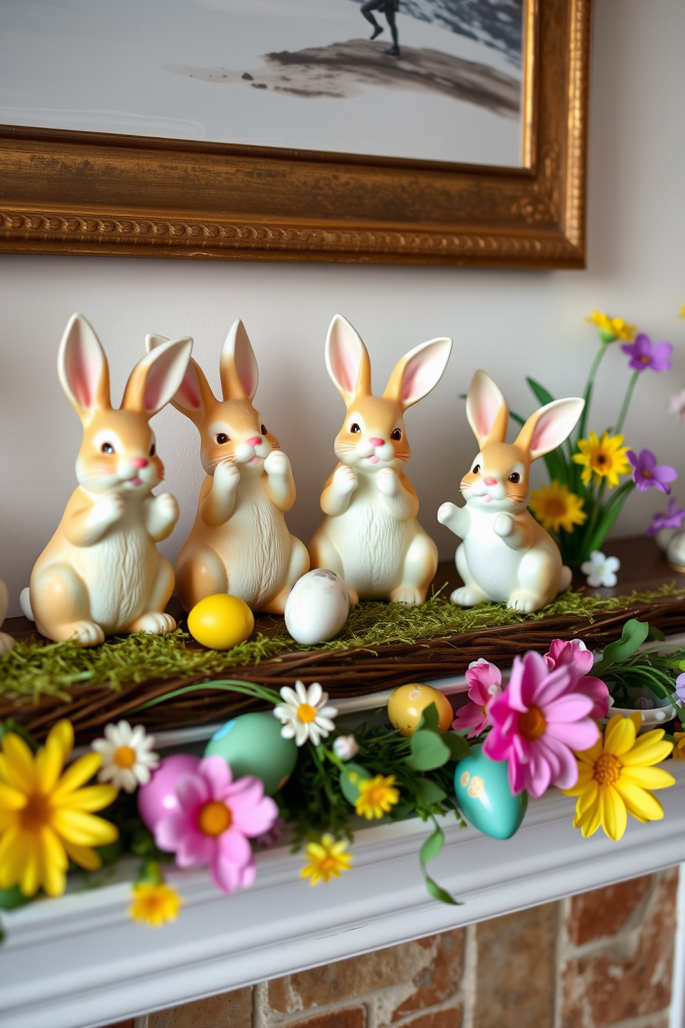 Lively bunny figurines are playfully arranged on the mantel, adding a whimsical touch to the room. Surrounding them are colorful Easter decorations, including pastel eggs and cheerful spring flowers, creating a festive atmosphere.